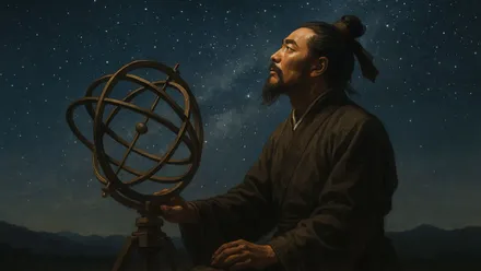 El Maestro Shi mirando al cielo con un modelo del mismo ante sí.