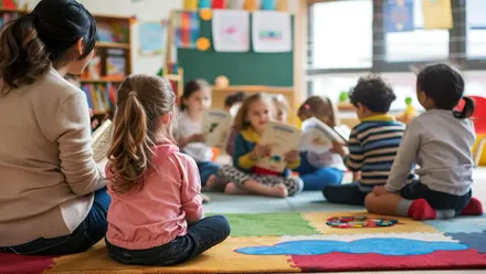 Profesora con niñas y niños sobre colchonetas de colores en el colegio infantil.