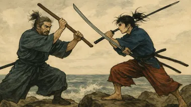 Musashi y Kojirō en pleno duelo con sus espadas samuráis.