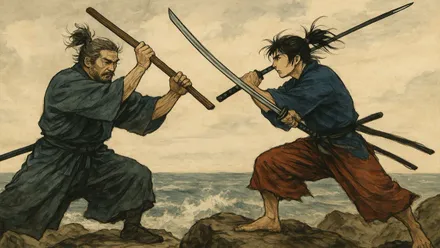 Musashi y Kojirō en pleno duelo con sus espadas samuráis.