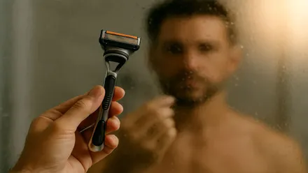 Hombre mirándose al un espejo empañado y sosteniendo en su mano izquierda una maquinilla de afeitar de cuchillas.