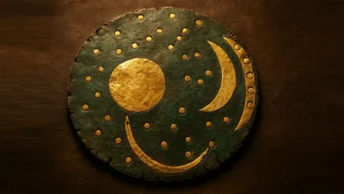 Disco de Nebra, en tonos verdosos y con incrustaciones doradas de círculos y media luna.