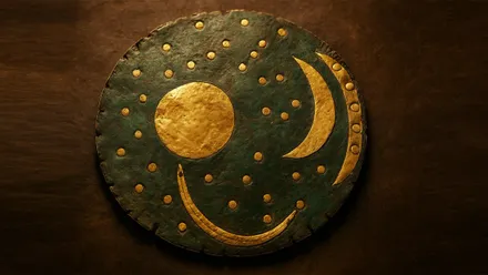 Disco de Nebra, en tonos verdosos y con incrustaciones doradas de círculos y media luna.