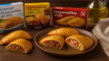 Empanadillas abiertas en la que se ve el relleno con cajas tras ellas.