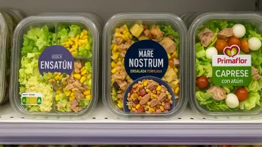 Diferentes ensaladas en la estantería del supermercado.