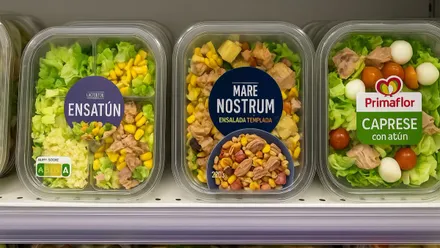 Diferentes ensaladas en la estantería del supermercado.