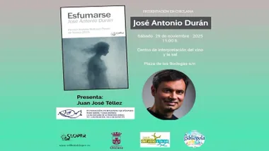 Cartel de presentación de la novela, en tonos verdes y grises, con la portada del libro y el rostro del autor.