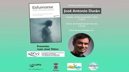Cartel de presentación de la novela, en tonos verdes y grises, con la portada del libro y el rostro del autor.