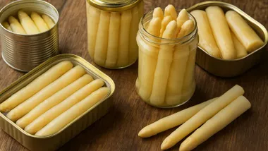 Botes y latas con espárragos blancos.