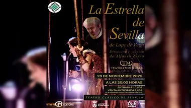 Cartel en negro y tonos amarillos, con dos personas -hombre y mujer- destacados, del cartel de "La Estrella de Sevilla".