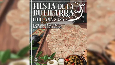 Cartel de la III Fiesta de la Butifarra en Chiclana con muchas rodajas de este producto.
