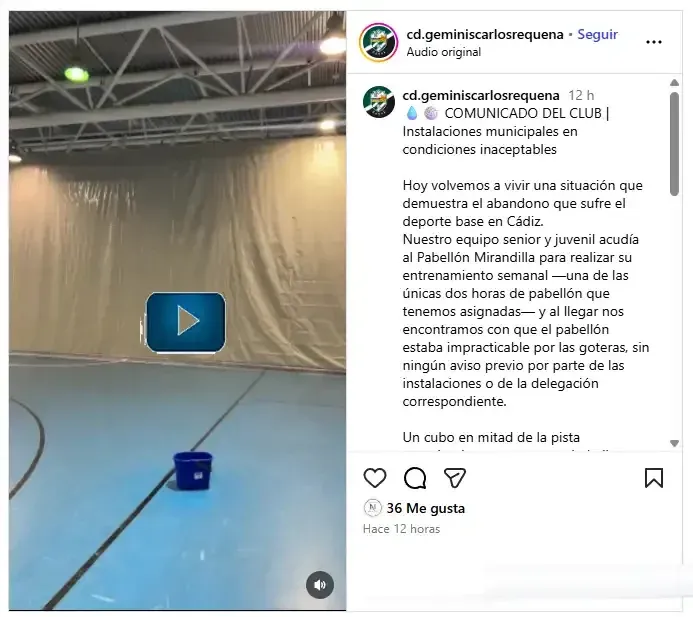 La lluvia y las goteras reavivan la polémica en Cádiz por el estado de las instalaciones deportivas