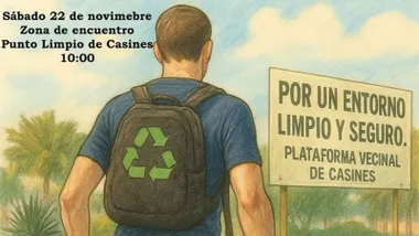 Cartel en Puerto Real de la acción de limpieza en la que un chico porta una mochila con el símbolo de "reciclaje".
