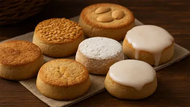 Mantecados de diferentes tipos en una bandeja.