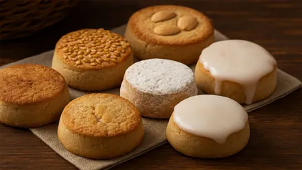 Mantecados de diferentes tipos en una bandeja.