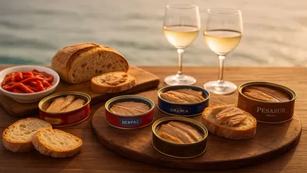 Latas de melva con vino, pan y pimientos.