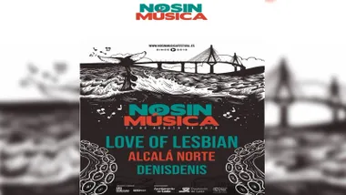 Cartel de NOSINMUSICA 2026 con el fondo en blanco y negro del puente de Cádiz. Letras en verde y naranja.