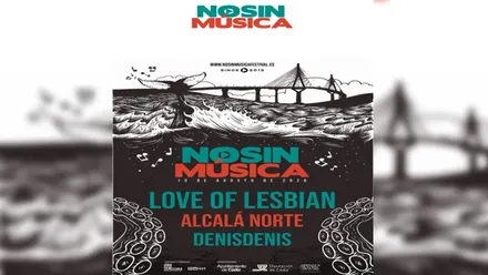 Cartel de NOSINMUSICA 2026 con el fondo en blanco y negro del puente de Cádiz. Letras en verde y naranja.