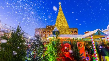 Plaza del Rey de San Fernando con el Ayuntamiento al fondo y adornos de Navidad y un árbol iluminado.