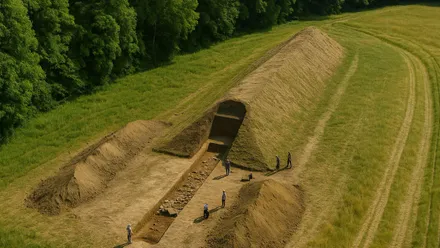 Construcción funeraria en Polonia con hierba sobre la misma. Es un túmulo alargado con un acceso frontal.