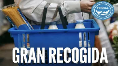 Mujer con una cesta azul con alimentos.
