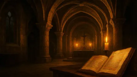 Capilla iluminada por velas con un crucifijo al fondo y un pergamino en primer término.