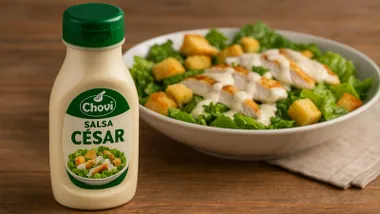 Bote de salsa césar junto a una ensalada sobre mesa de madera.