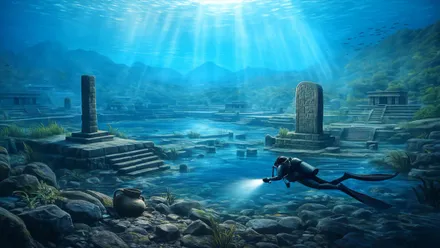 Submarinista buceando entre las ruinas de Samabaj.