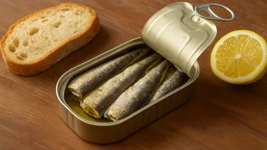 Lata de sardinas con pan a un lado y un limón al otro.