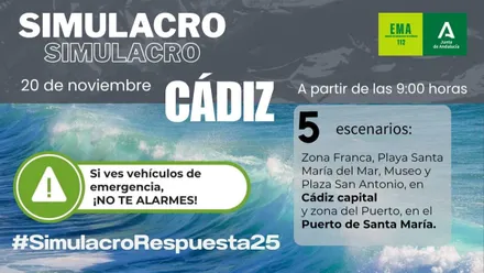 Panel informativo sobre el simulacro de tsunami en la provincia de Cádiz.