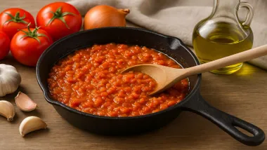 Cuchara de palo en el interior de una cacerola con sofrito.