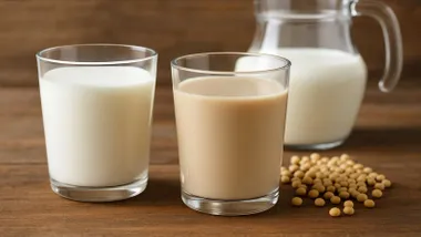 Vaso de leche de vaca y de soja, destaca la diferencia de color.