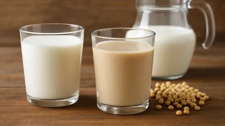 Vaso de leche de vaca y de soja, destaca la diferencia de color.