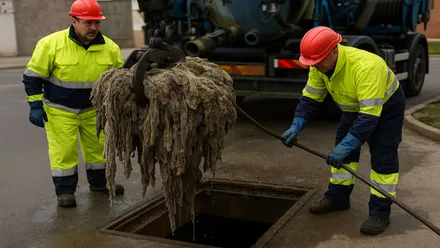 Operarios desatascando de toallitas una alcantarilla.