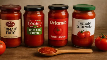 Distintos envases alineados de tomate frito.