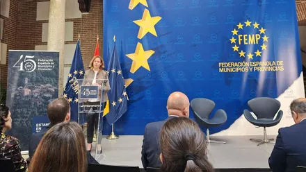 La delegada Manuela Pérez en el atril, tras de ella la bandera de la UE.