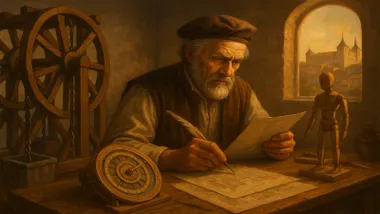 Juanelo Turriano escribe y desde una ventana se ve el Alcázar de Toledo.