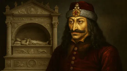 Tumba en mármol y medio cuerpo de un retrato de Vlad Tepes, Drácula.