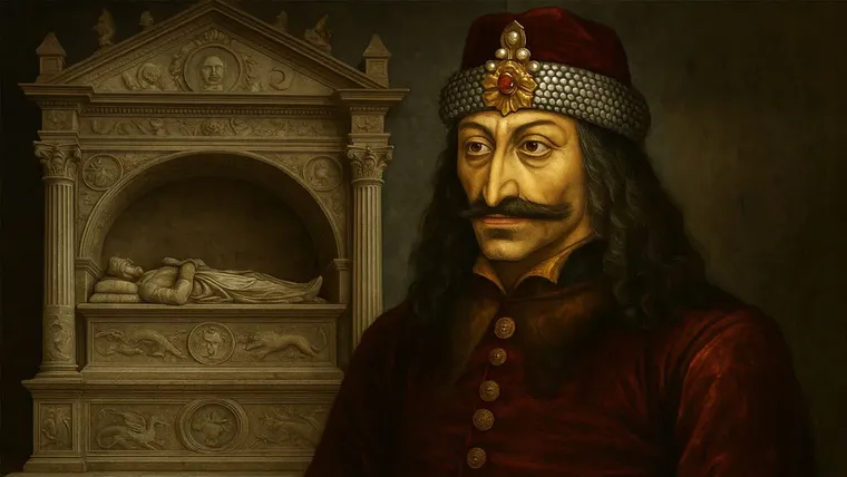Tumba en mármol y medio cuerpo de un retrato de Vlad Tepes, Drácula.