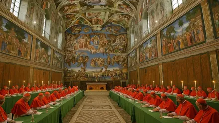 Cardenales vestidos de rojo y blanco sentados en la Capilla Sixtina.