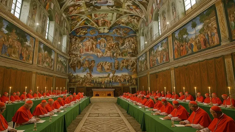 Cardenales vestidos de rojo y blanco sentados en la Capilla Sixtina.