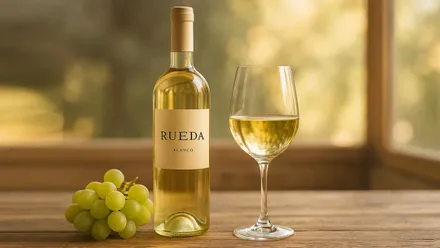 Botella de vino blanco de Rueda y una copa, a su lado un racimo de uvas verdes.