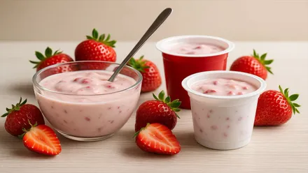 Diferentes envases con yogurt de pedacitos de fresa.