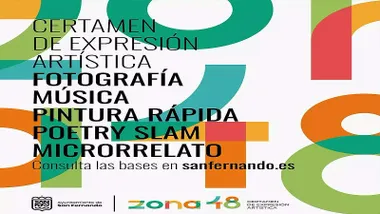 Cartel de fondo blanco y letras en tonos verdosos y anaranjados de "Zona 48".