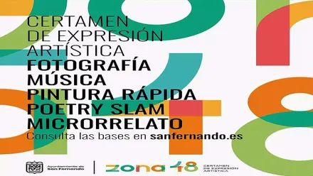 Cartel de fondo blanco y letras en tonos verdosos y anaranjados de "Zona 48".