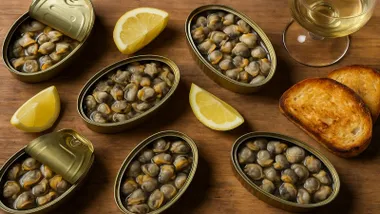 Diferentes latas con berberechos y limones.