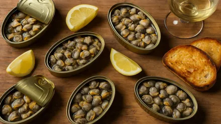 Diferentes latas con berberechos y limones.