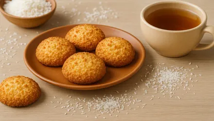Plato con cuatro galletas de coco y un té.