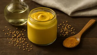 Envase con mostaza de color amarillo fuerte.