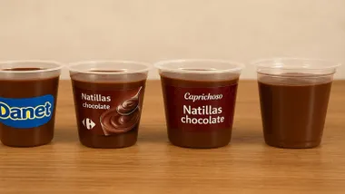 Diferentes vasos con natillas de chocolate.